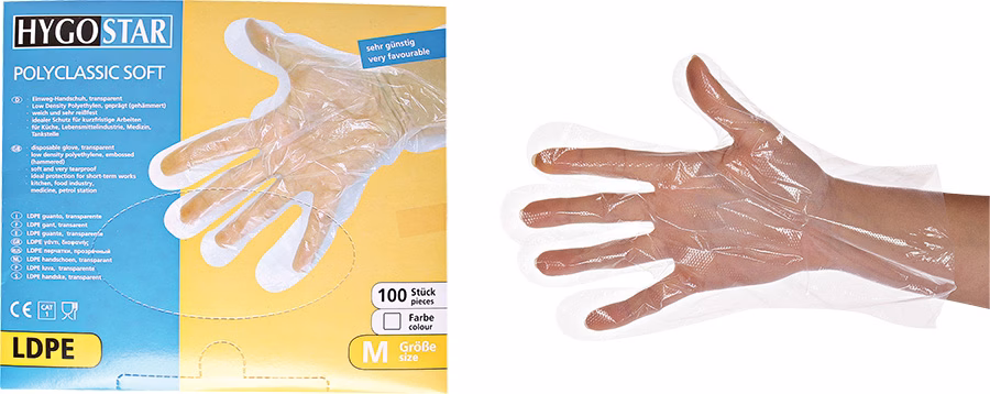 guanti monouso trasparenti hygostar, taglie donna e uomo, dispenser da 100 pezzi guanti monouso trasparenti hygostar, taglie donna e uomo, dispenser da 100 pezzi