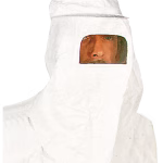 copricapo protettivo bianco in tyvek con finestra di visualizzazione e supporto per protezione facciale