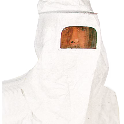 copricapo protettivo bianco in tyvek con finestra di visualizzazione e supporto per protezione facciale