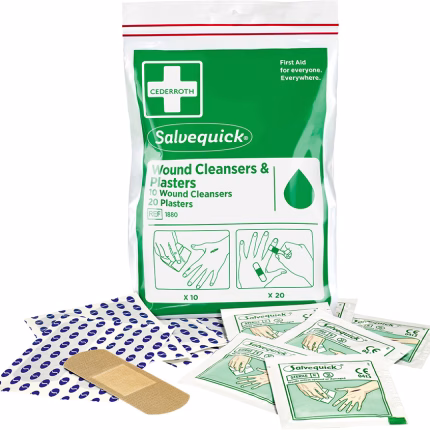 set di ricarica salvequick con 20 cerotti e 10 detergenti per ferite