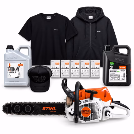stihl ms 462 c m with 20″ (50 cm) “centennial” top set, 5 spare chains, 5 liters chain oil and motomix 100, cap, sweatshirt and t shirt “centennial”